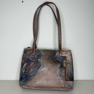 NEW Jane Yoo Leather Hand painted Wearable Art Purse 12”x9”